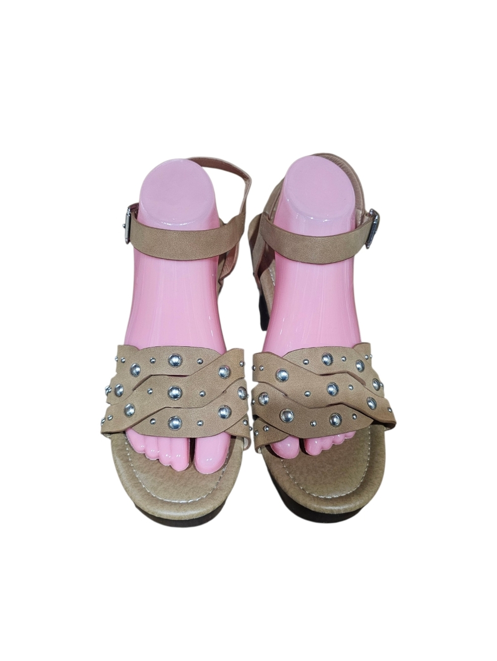 C1946 Studded Strappy Block Heel Sandals Tan Beige Ankle Strap Size 11